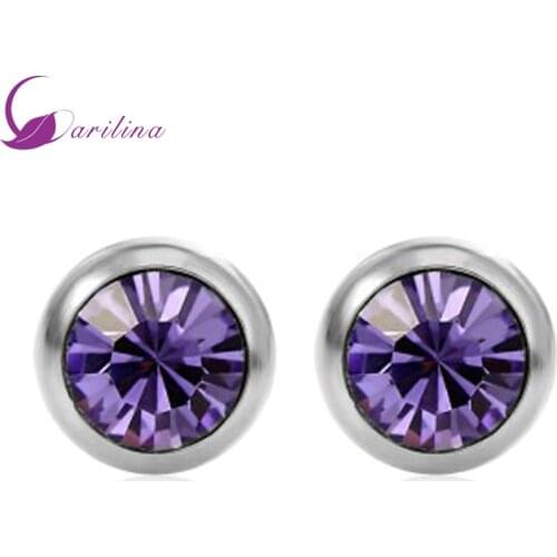 Round Purple Austrian Crystal Silver Color Earrings Stud Earrings For Teen Girls Fashion Jewelry E2086