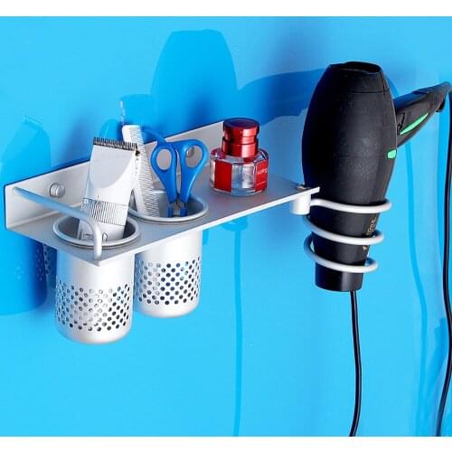 BalleenShiny Multifunction Hair Dryer Stands Wall Mounted Holder Aluminum Bathroom Organizer Shelf with 2 Cups for Flat Iron