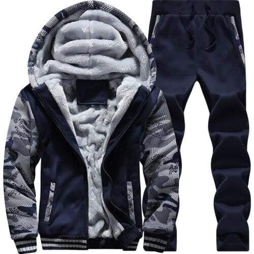 2-Pics Mens Tracksuit Autumn & Winter Patched Hooded Brushed Hoodie Coat Suit Leisure Sports Mens Clothing Sweatpants Casual