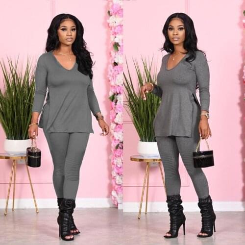 Ueteey New Two-piece Casual V-neck Solid Split Women Pant Set