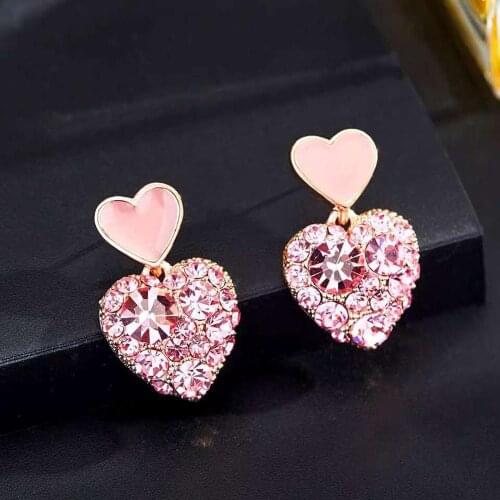 NEW Popular Earrings Sweet Glittering Zircon Pink Earrings For Women Heart-shaped Simple Personality Long Earrings Wholesale