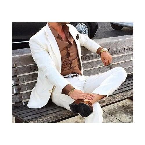 New Casual Mens Suit Ivory Wedding Groom Costume Dinner Dress For Men Slim Jacket Pants 2 Pieces Set Business Tuxedo Men Suit