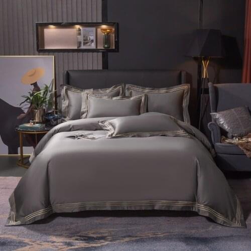 Solid color Gray White Duvet Cover Set with simple Striped Embroidery premium soft Egyptian Cotton Bedding set Queen King 4pcs