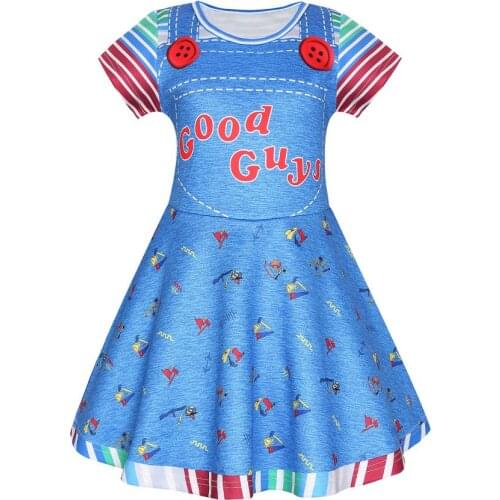 Girls Cosplay Dresses Christmas Dress Childs Play Chucky Girl Costume Good Guys Printed Cosplay Blue Dress 8173