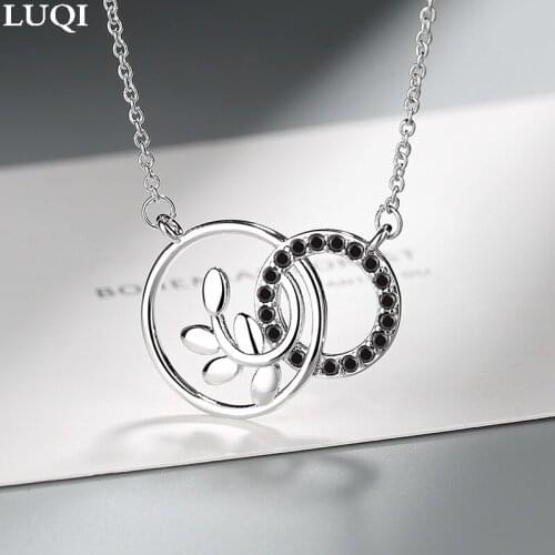 Womens Fashion S925 Silver Plated Platinum Small Fresh Diamond Leaf Black Zircon Double Ring Pendant Simple Necklaces DZ541