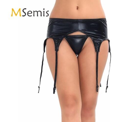 Black Womens Wetlook Patent Leather Garter Panty Plastic/ Metal Clip Sock Garter Belt Holder Fastener Suspender