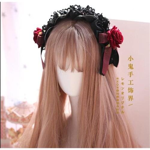 1pc Lolita Gothic Handmade Lolita KC Hair Band Bowknot Rose Lace Headwear Vintage Palace Style Japanese Girls Headband B519