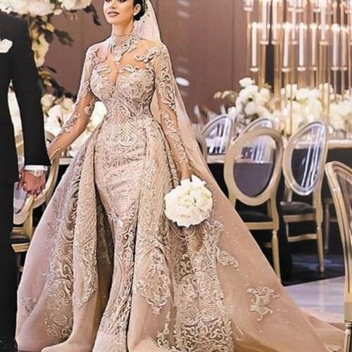 SuperKimJo Champagne Luxury Wedding Dresses Boho Lace Applique Long Sleeve Detachable Train Elegant Beaded Wedding Gown