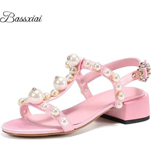 Beading Pearl Decor T-Straps Sandals For Girls Luxury Satin Sexy Open Toe Med Heel Party Sandalias Summer Shoes