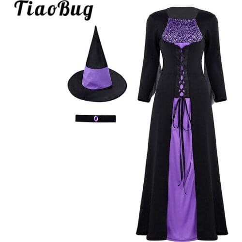 TiaoBug Adult Cosplay Halloween Costume Women Ghost Skeleton Printed Long Evil Wicked Witch Dress with Pointed Hat Necklace Set