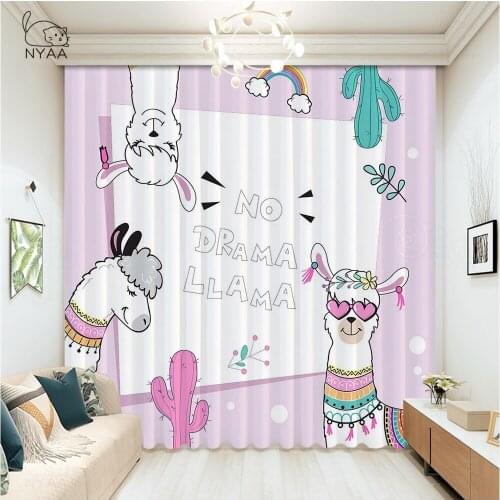 Beautiful Llama Curtain Hooks Cartoon Printed Office Photo Curtains Girls Room Decoration Home Blackout Curtains Micro Shading