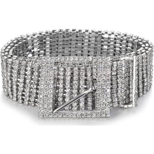 Womens Diamante Chain Belt Full Medium Width Bling Crystal Waist Belt