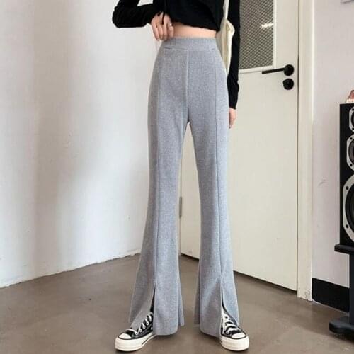 Womens Flared Pants Elastic Waist Knitted Trousers Spring and Summer Fashion Front Slit High Waist Slimming Sports Pants 2021
