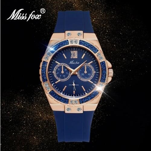 MISSFOX Ladies Watch Aaa Diamond Gold Blue Rubber Strap Women Watches Luxury Fashion Waterproof Quartz Watch 2020 Dropshipping