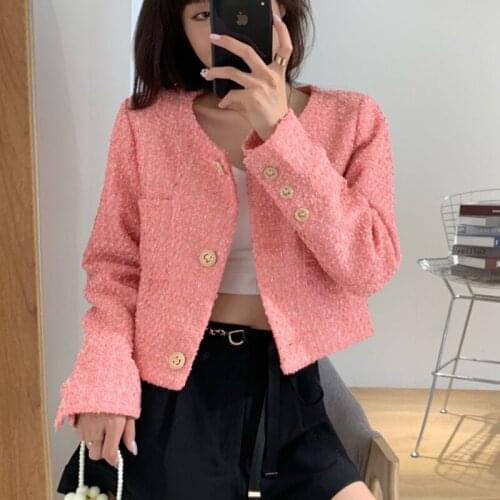 Long Sleeve Vintage Short Coat 2021 New Autumn Winter Small Fragrance Outwear Korean Elegant Woolen Tweed Jacket Women Crop Top
