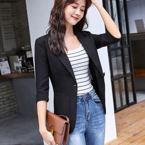 Women 2021 Spring Summer Korean Chic Simple Temperament Lapel Loose Single Button 3/4 Sleeve Suit Short Jackets X252