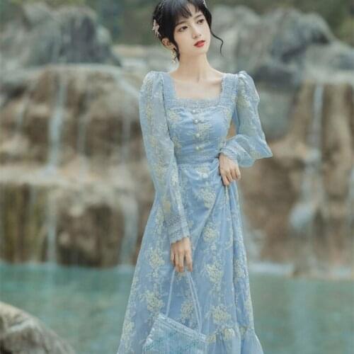 Dresses for women 2021 Palace Retro Embroidered Square Neck Long Sleeve Dress Femme Fall French Blue Gentle Romantic Party Dress