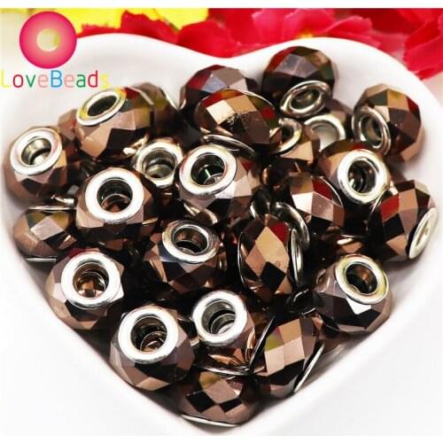 10Pcs Faceted Electroplate Color Glass 14x8mm Large Hole European Beads Fit Pandora Charms Bracelet Chain Spacer Women Jewelry