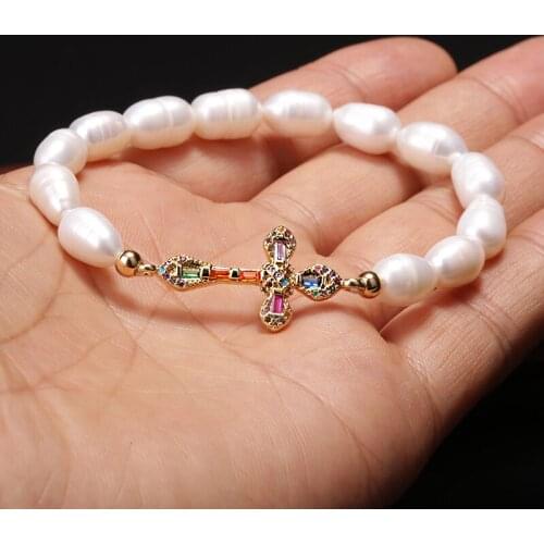 2021 Charming Real Freshwater Pearl Bead Jewelry Rainbow CZ Gold Cross For Girl/Women Couple Bracelet For Wedding Gift Wholesale
