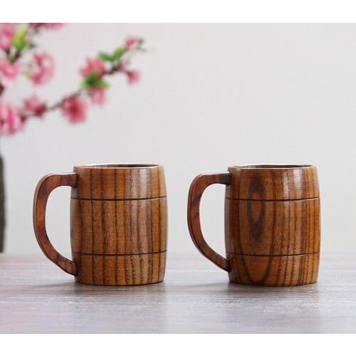 350ml Classical Wooden Beer Tea Coffee Cup Home Office Party Mug With Ear Wooden Eco-friendly Tableware Heatproof Water Cup