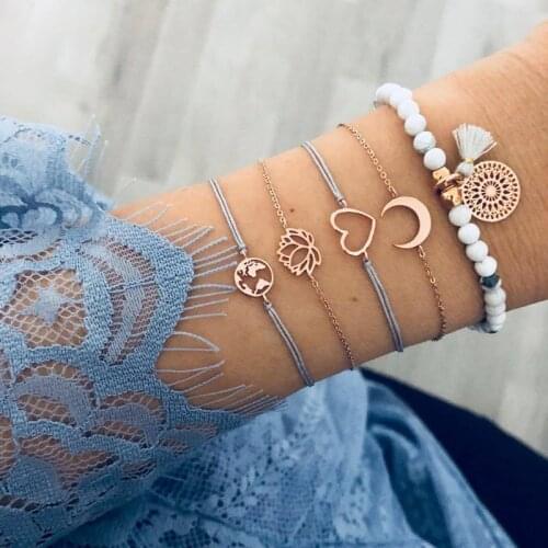 5 Pcs/Set Bohemian Handmade Weave Heart Moon Lotus Flower World Map Long Tassel Bracelet Sets Women New Grey Rope Chain Bracelet