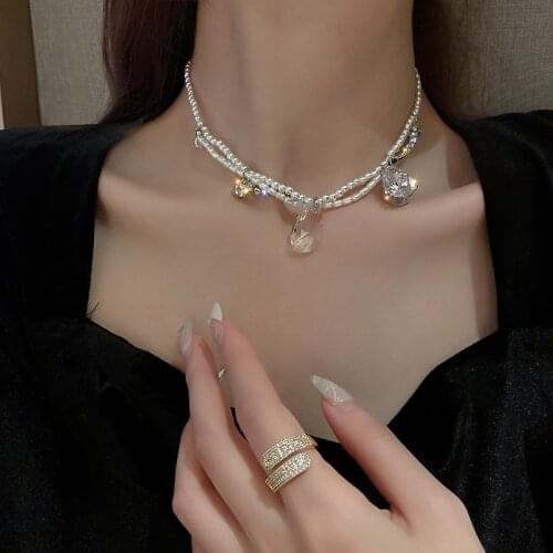 925 Silver Needle Diamond Pearl Bow Earrings Necklace Set Korean Cute Romantic Pearls Dangles Necklace Earrings For Women