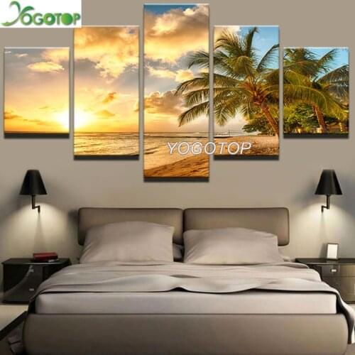 DIY Diamond Painting 5 Panel Palm Trees Sea Sunset Landscape 5D Full Drill mosaic Diamond Embroidery Handcraft Kit Decor ML1025