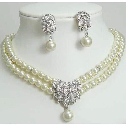 White Round Freshwater Pearl Necklace Earrings Set Layered Choker Pendant Crystal Collar Statement Jewelry Set Women Wedding Bib