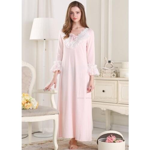 Free Shipping 2015 New Pijamas Frincess Style Nightdress Womens Pink Cotton Long Nightgown Home Wear Nightshirt