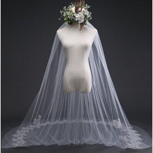 Ivory Veil,Elegant Cathedral Wedding Veil,White Long Lace Veil,with Lace applique,Bridal Veil,One Tier Lace Wedding Veil