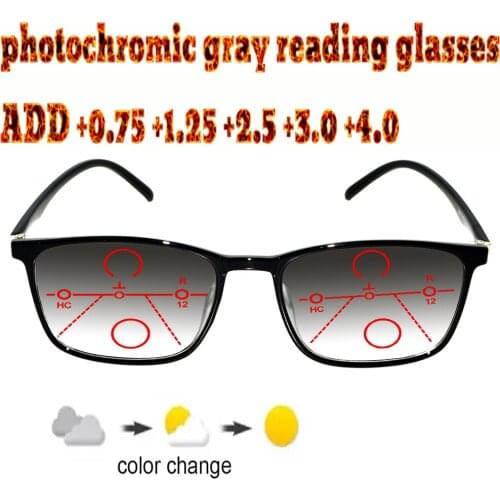 Photochromic Gray Progressive Multifocal Reading Glasses Men Woem Ultralight Black Frame+1.0 +1.5 +1.75 +2.0 +2.5 +3 +3.5 +4
