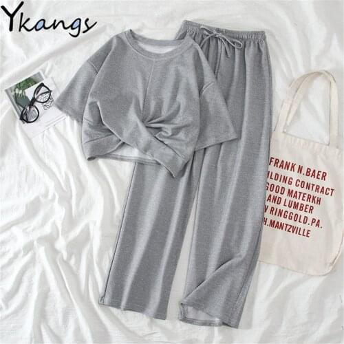 Summer Sets Women O-Neck Solid Knot Cropped T-Shirts Elastic Waist Pants Simple Office Ladies Casual Korean Daily Female Fashion