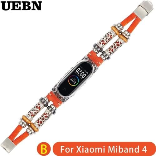 UEBN Leather Retro watchband for miband 3 With metal embossed border Wriststrap Bracelet For xiaomi miband 4 smart wristband