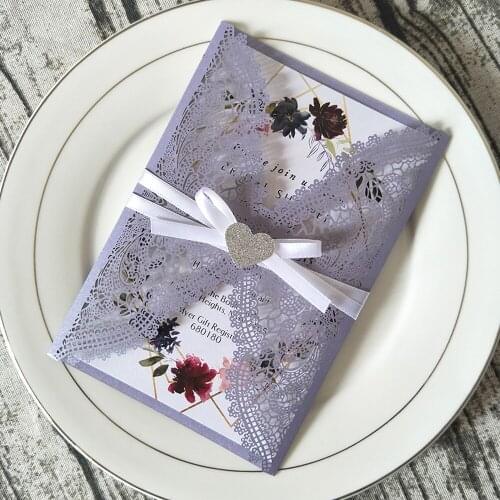 Lavendar Lace Wedding Invitations with White Ribbon and Silver Glitter Heart DIY Personalized Print Invites for Sweet Sixteen