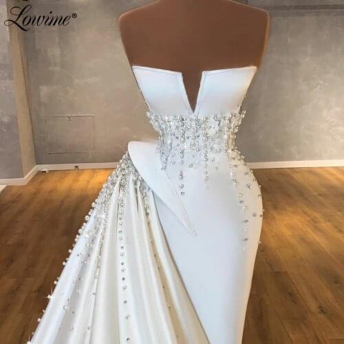 Lowime White Long Strapless Prom Dresses Formal Satin Party Gown For Weddings 2021 Dubai Arabic Pearls Crystals Evening Dress
