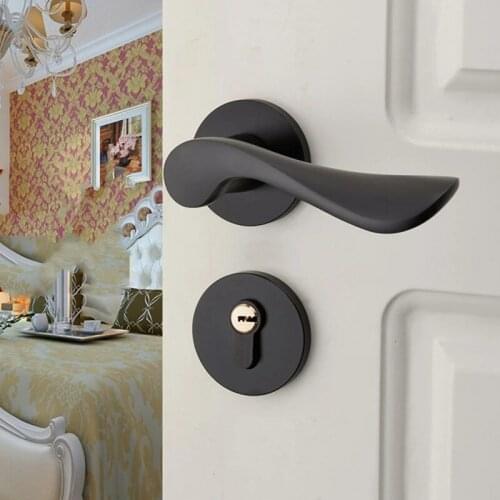 Matte Black Aluminum Door Lock Door Handle Modern Indoor Bedroom Mute Mechanical Door Lever Simple Pull Handles With Keys