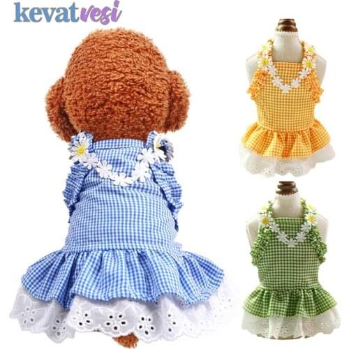Cute Flower Pet Dress for Dogs Summer Puppy Skirt with Lace Princess Plaid Skirt Party Small Dog Skirt Outfit Dog Clothes XS-XL