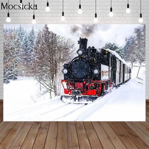 Mocsicka Winter Snow Scene Train Photography Background Snowfield Forest Backdrop Child Portrait Decoration Props Photo Studio