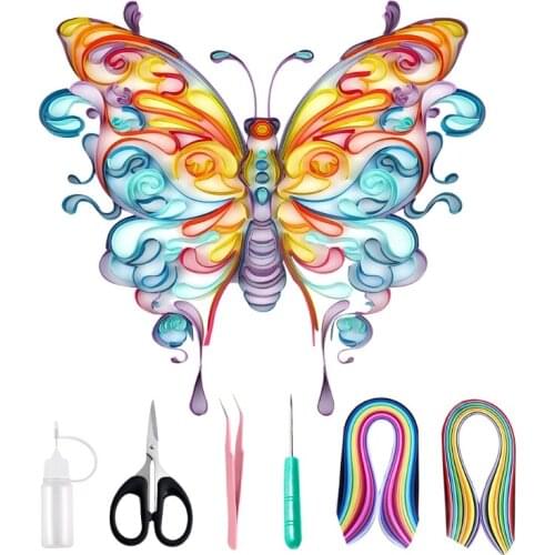 3D Rainbow Butterfly Quilling Paper Filigree Painting Kit Handmade Wall Art Decal Stickers DIY Crafts for Home Decor