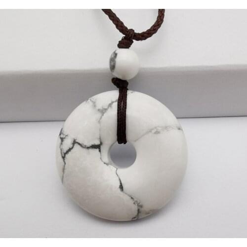 Natural White Howlite Stone Carved Safety Button Pendant Necklace Adjustable Nylon Rope Braid Jewelry F108