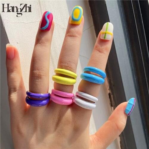 HANGZHI 2020 New Colorful Dripping Oil Glaze Double Layer Hollow Rings Geometric Irregular for Women Girl Party Jewelry
