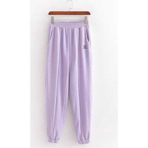 2021 New purple embroidered sports pants elastic waist joggers pencil pants high waist trousers women