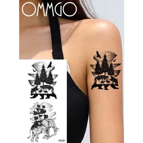 OMMGO Pirate Viking Ship Bear Pine Tree Temporary Tattoos Sticker Black Animal Elephant Fake Tattoo Body Art Boat Sheet Hands