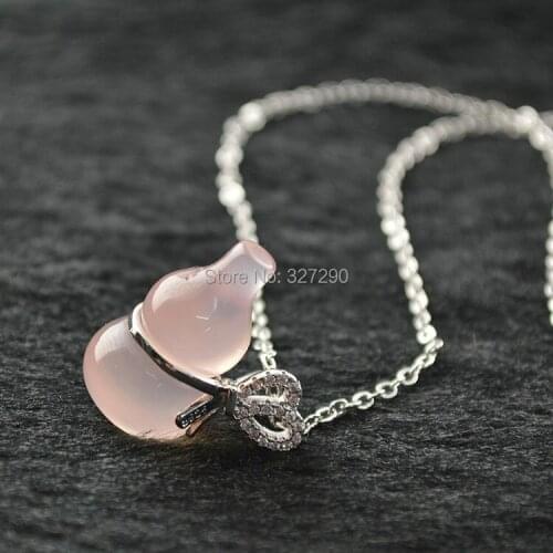 5pcs South Korea Lovely Women Jewelry Natural Pink Stone Calabash Shape Pendants With CZ Inset 16'' Chain Necklace