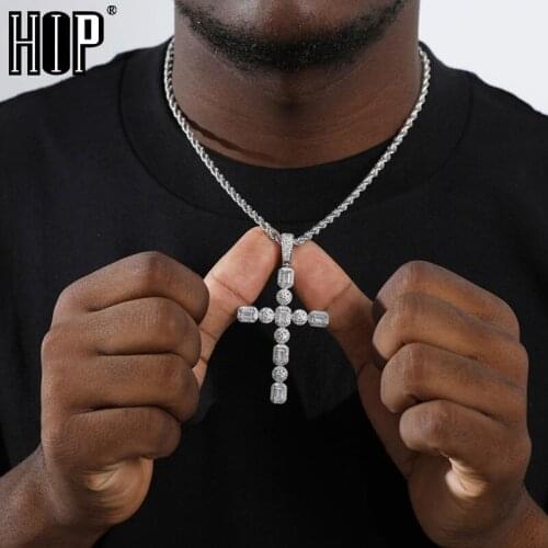 Hip Hop Baguette Cross Iced Out Bling Cubic Zircon AAA+ CZ Stones Necklaces & Pendants For Men Jewelry With Solid Back