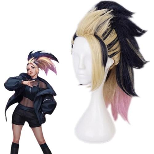 Game League of Legends Cosplay Akali Wig LOL Mixed Color Heat Resistant Synthetic Hair Women Girls Halloween Wigs C55M33