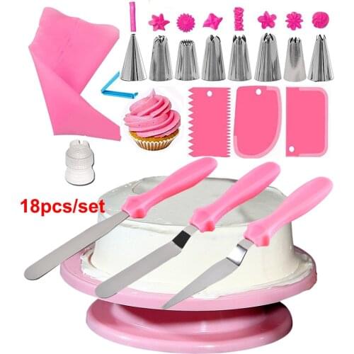 Cake Decorating Set 18pcs Cake Turntable Stand Set Stand Stainless Pastry Nozzles Confectionery Bag Icing Smoother Baking Tools