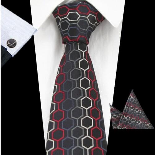 Ricnais Fashion 8cm Tie Set Red Gold Dot Plaid Pocket Square Cufflinks Necktie Sets For Mens Business Wedding Handkerchief Ties