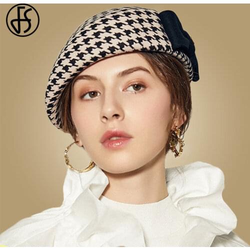 FS Wool Fedoras Hat Berets Fascinator Pillbox Hats Formal Women Elegant Flat Top Bowknot Winter Gray Camel Church Felt Caps