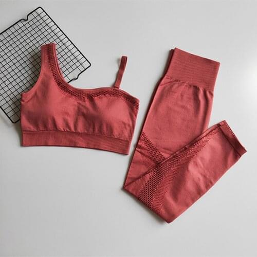 Sports Bra 2 Pcs Workout Clothes Seamless Yoga Set Women Gym Clothing Sportswear Hollow Out Yoga Leggings Padded One Shoulder